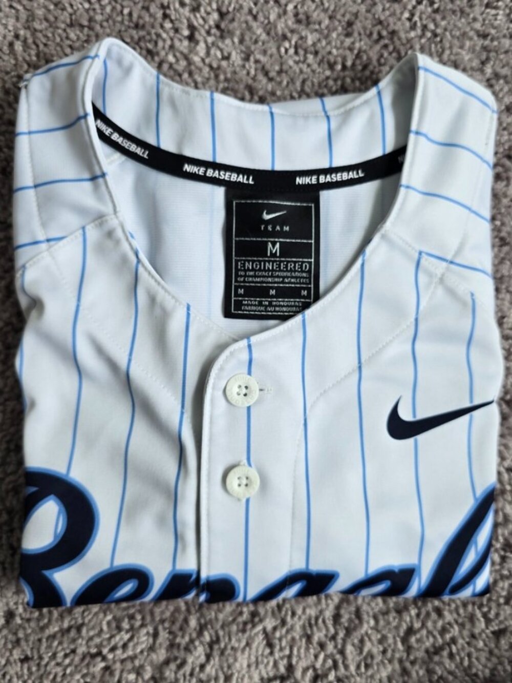 Nike Baseball Bengals 10 Pinstripe Full Button Baseball Jersey White Blue Mens M